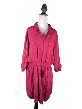Millennium 2X Red Rayon Polka Dot Button-Up Dress with Waist Tie